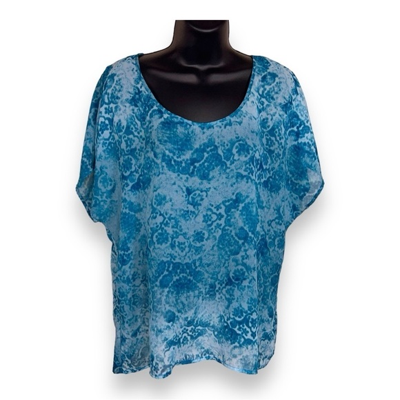 0X MAURICES BLUE WHITE LACE SEMI SHEER BLOUSE SHORT SLEEVE BOHO LIGHTWEIGHT - Picture 1 of 11